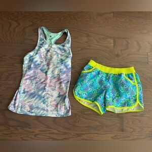 Girls athletic lot Sz Large 10/12 tank top w/bra shorts colorful summer sports